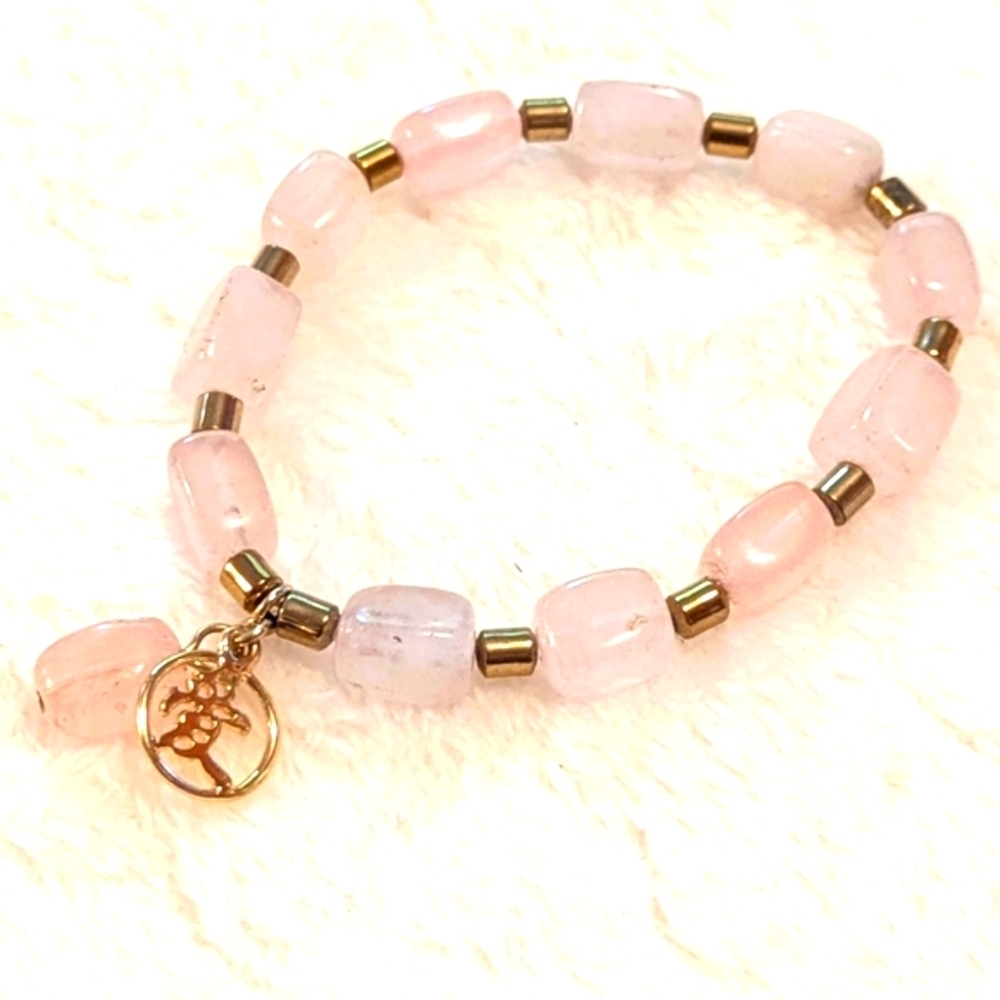 Rose Quartz Beaded Stretchy Bracelet with Goldtone Accent Beads - Picture 9 of 9